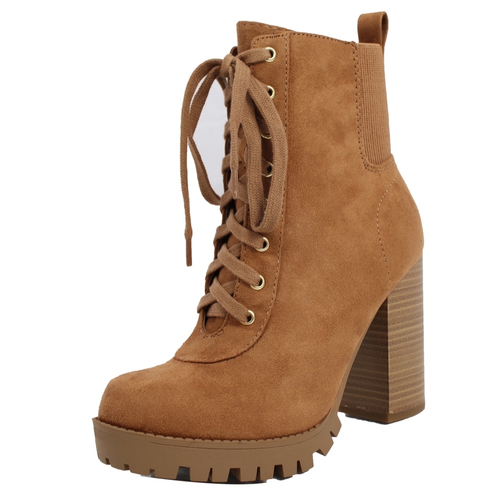 Size 9 Tan Faux Suede Lace Up Stacked Block Heel - Picture 3 of 8